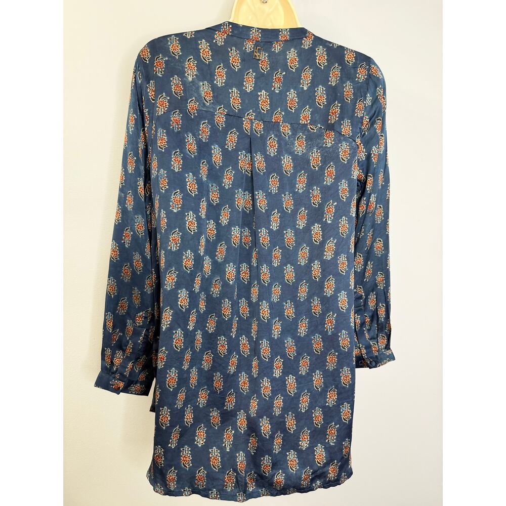FOLKSONG Tunic Top Blue Floral Block Print Long Sleeve Boho Blouse Sz M - Picture 9 of 16